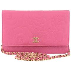 Vintage Chanel Pink Camellia Embossed Lambskin Leather Wallet On Shoulder Chain