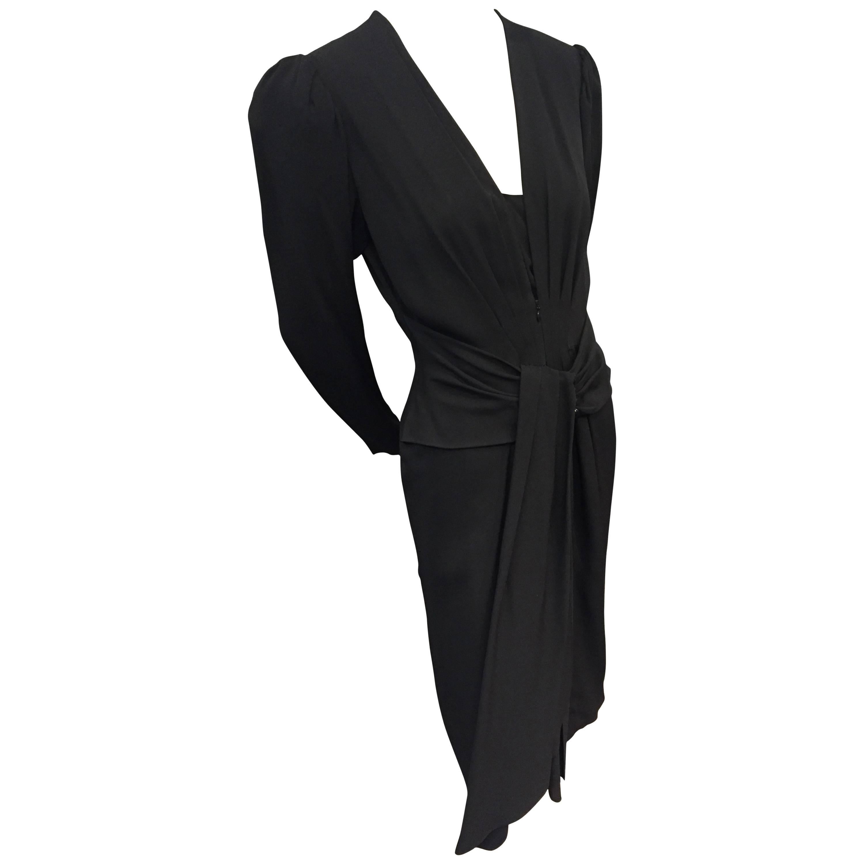 1980s Ted Lapidus Black Crepe Cocktail Dress w/ 1940s-Inspired Style