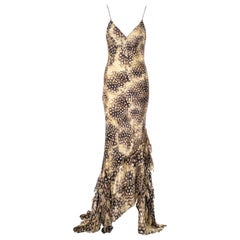 Roberto Cavalli - Robe de soirée en soie à imprimé plumes coupée en biais avec traîne, printemps-été 2004