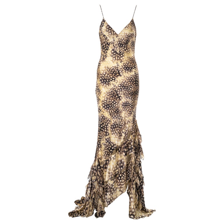 Roberto Cavalli feather print bias-cut silk evening dress with train ...