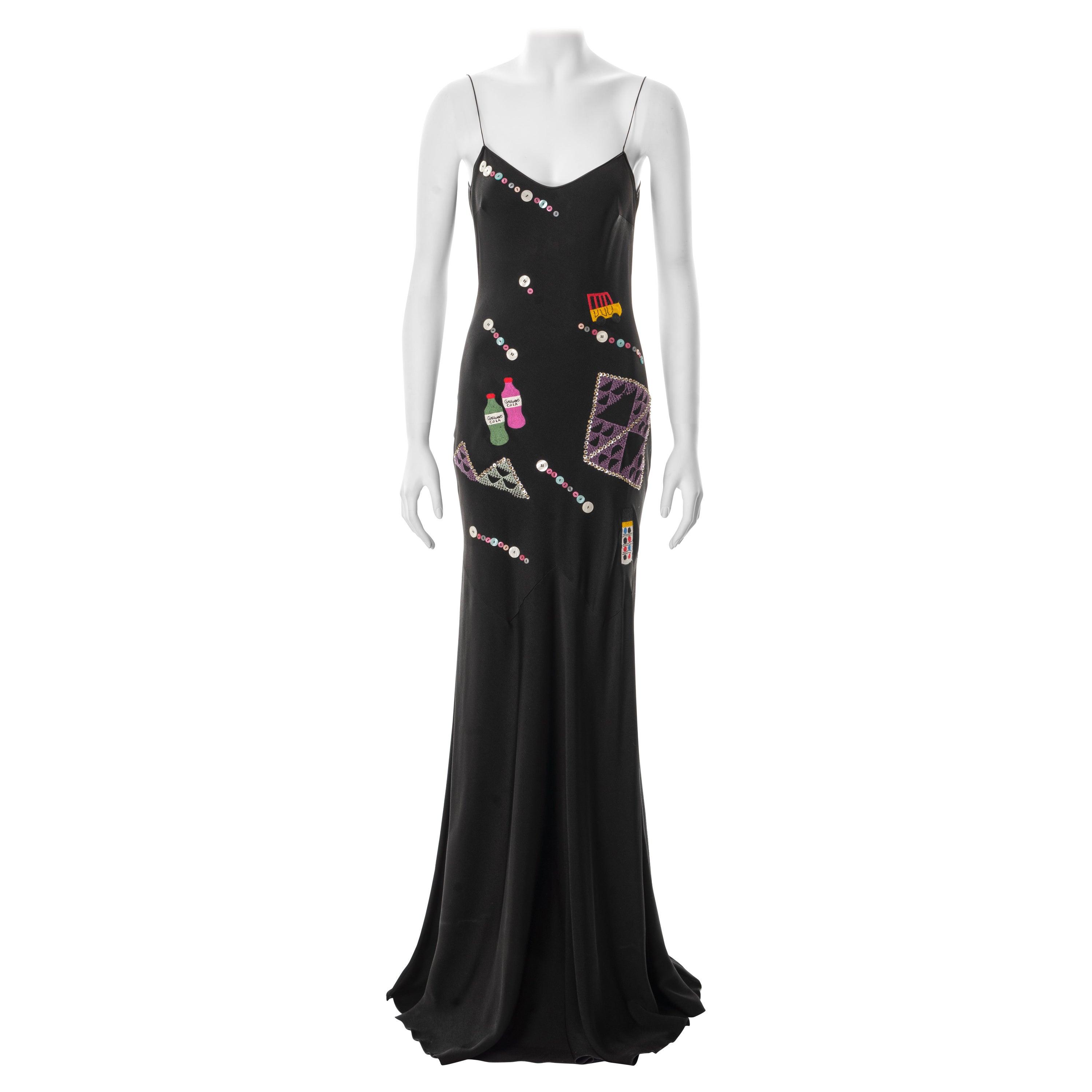 John Galliano black bias-cut embroidered crepe evening dress, fw 2004 For Sale