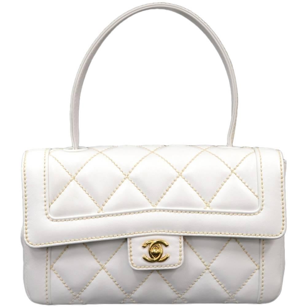 Chanel 9" Flap White Leather Wild Stich Hand Bag