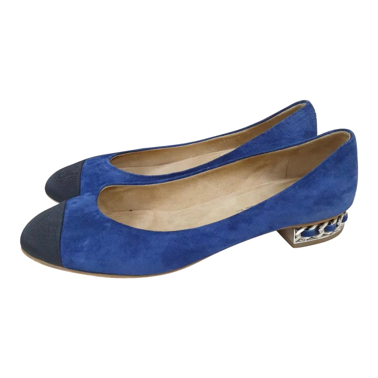 CHANEL Black Toe Blue Suede Ballet Flats Shoe