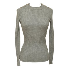 CHANEL Long Sleeve Grey Sweater Top Knit Crew Neck Silver CC Logo Sz 34 2016