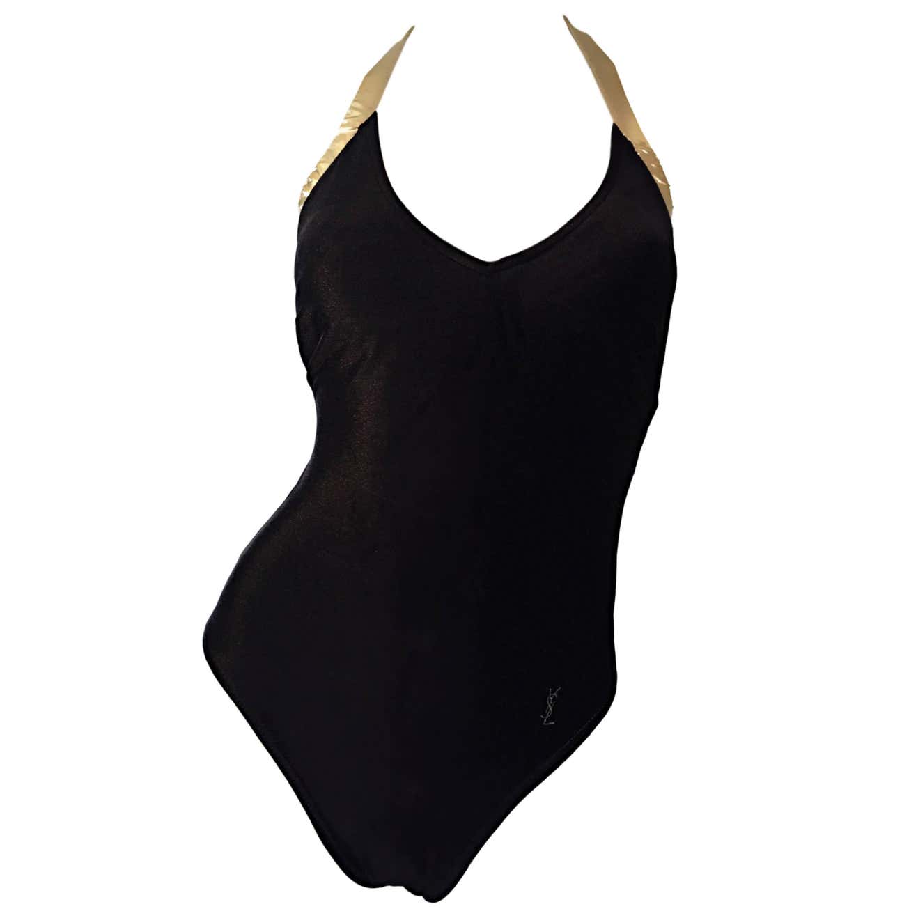 Vintage Yves Saint Laurent YSL Black and Gold Velvet One Piece Swimsuit ...