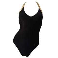 Vintage Yves Saint Laurent YSL Black and Gold Velvet One Piece Swimsuit Bodysuit