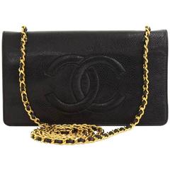 Vintage Chanel Black Caviar Leather Wallet On Shoulder Chain WOC