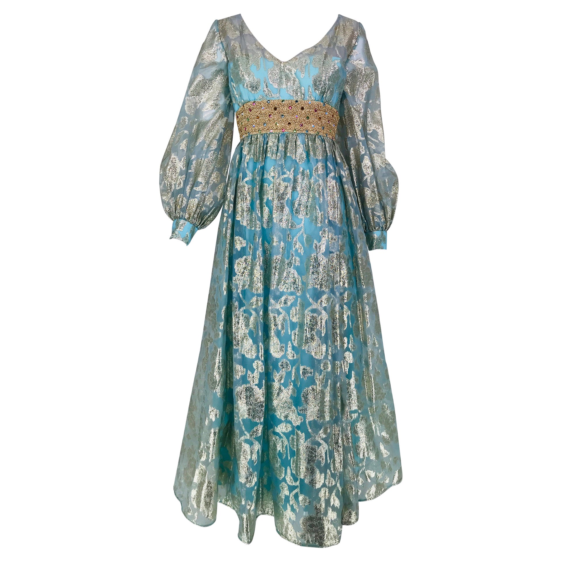 1970s Silver Blue Metallic Jewel Waist Maxi Dress For Sale