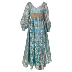 1970s Silver Blue Metallic Jewel Waist Maxi Dress