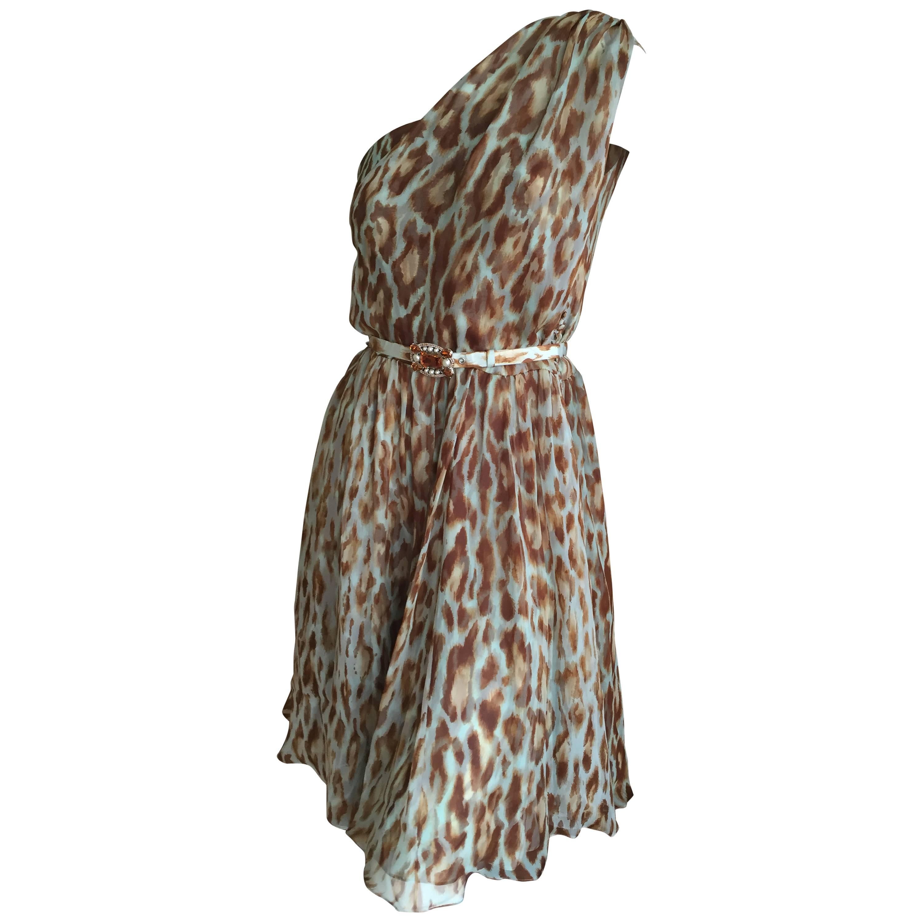 Christian Dior Galliano Chic One Shoulder Leopard Print Silk Dress w Jewel Belt  For Sale
