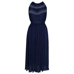 1980's Radley Navy Cross-Back Pleated Dress with Silver Cross-Stitching