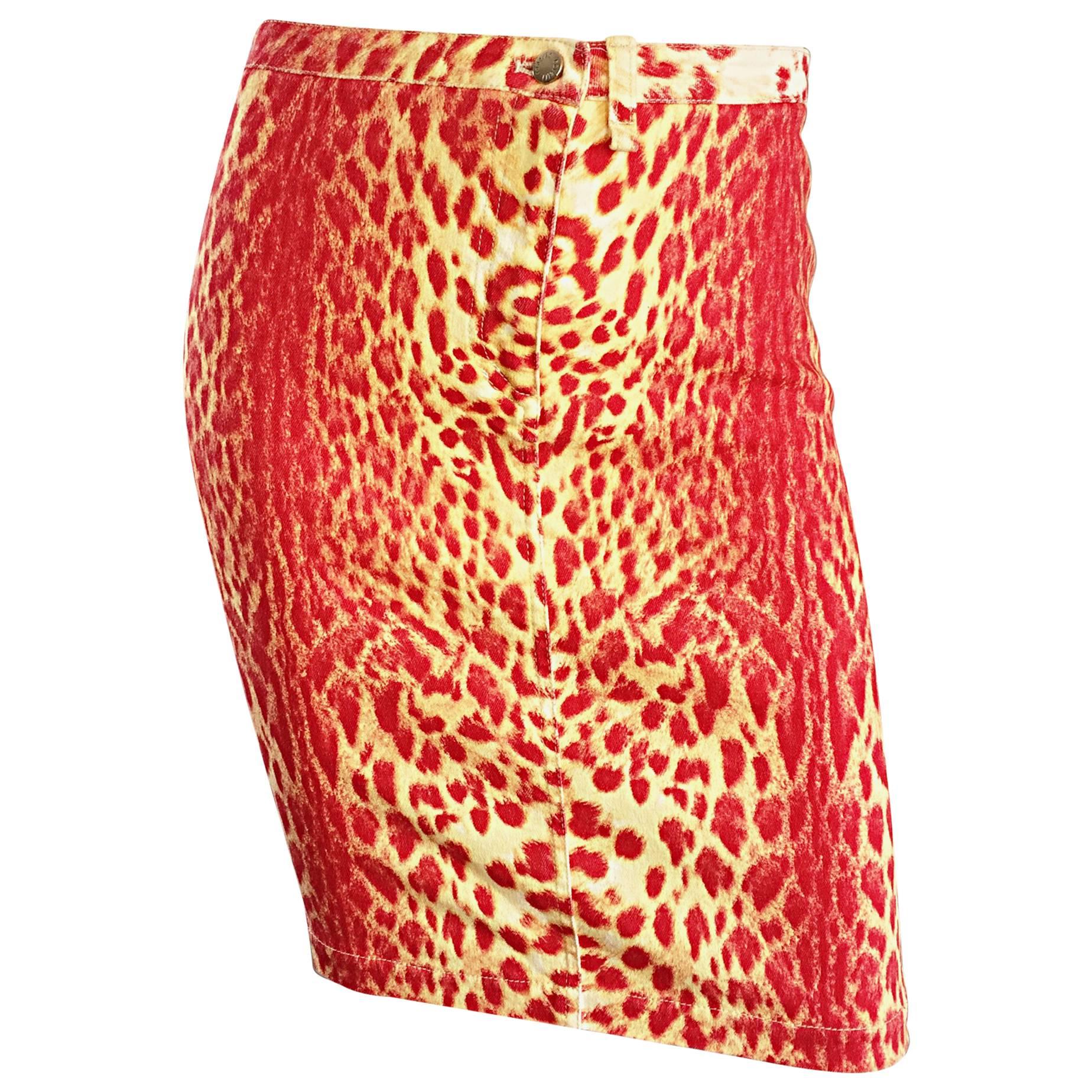 Vintage Roberto Cavalli Leopard Print 1990s Sexy Red + Yellow BodCon Denim Skirt For Sale