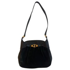 Vintage GUCCI Black Suede Leather GG Gold tone logo Hobo Bag Crossbody Handbag Bag