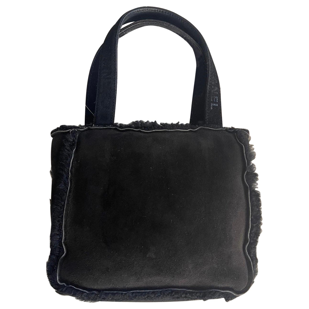 Vintage 90s Chanel Suede with Fur Trim Handbag Top Handle Satchel Flap Bag Purse For Sale