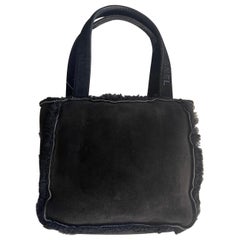 Retro 90s Chanel Suede with Fur Trim Handbag Top Handle Satchel Flap Bag Purse
