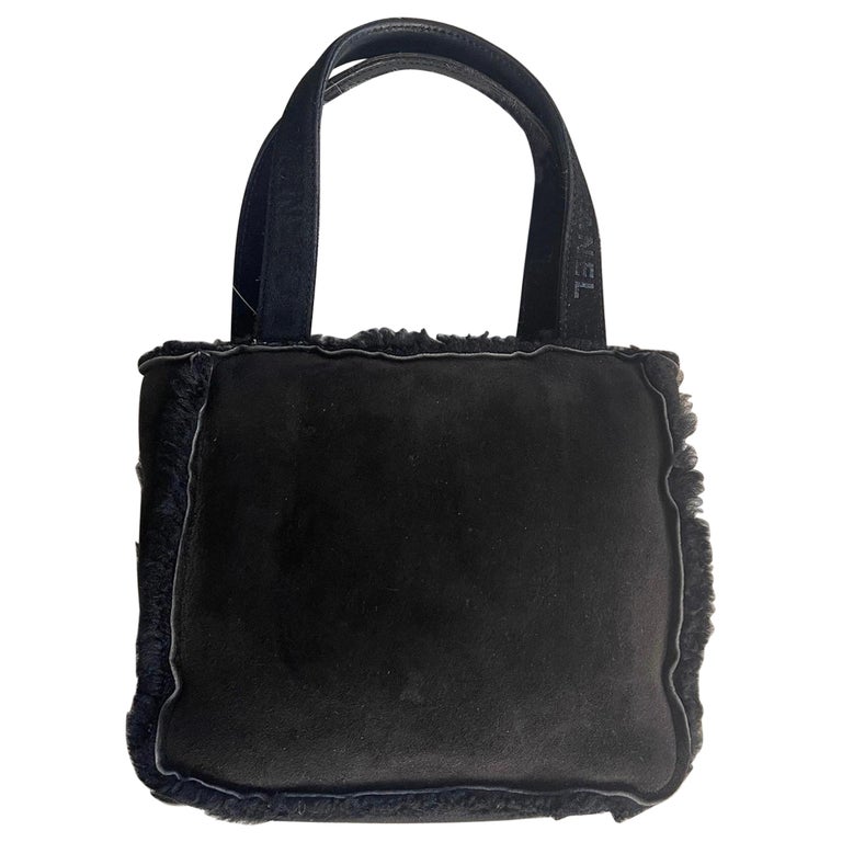 Vintage 90s Chanel Suede with Fur Trim Handbag Top Handle Satchel Flap Bag  Purse