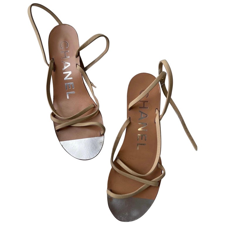 Chanel Tan Leather Strappy Wedge Sandals Heel Flip Flop Open Toe Size 40 9  For Sale at 1stDibs