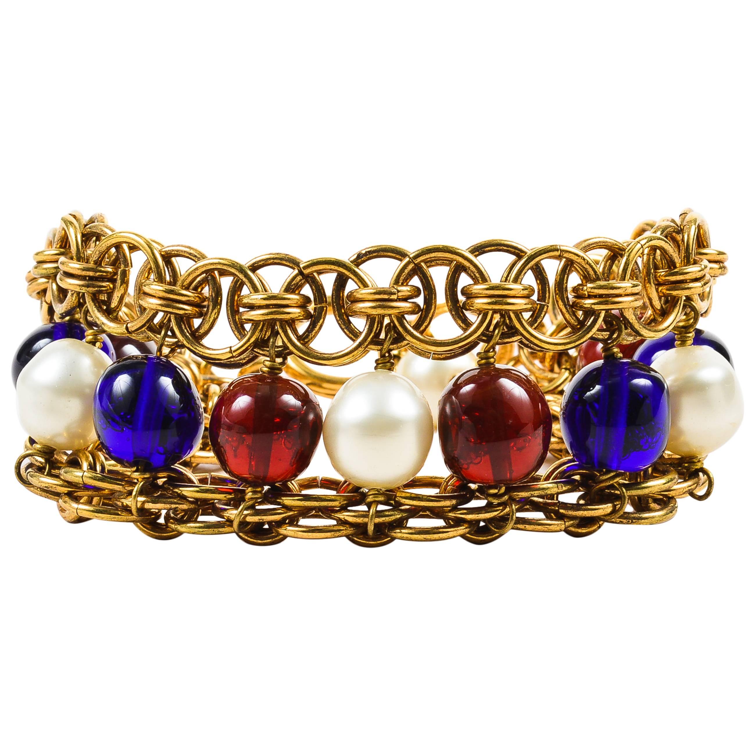 Vintage Chanel Gold Tone Blue Red Faux Pearl Beaded Layered Chain Link Bracelet For Sale