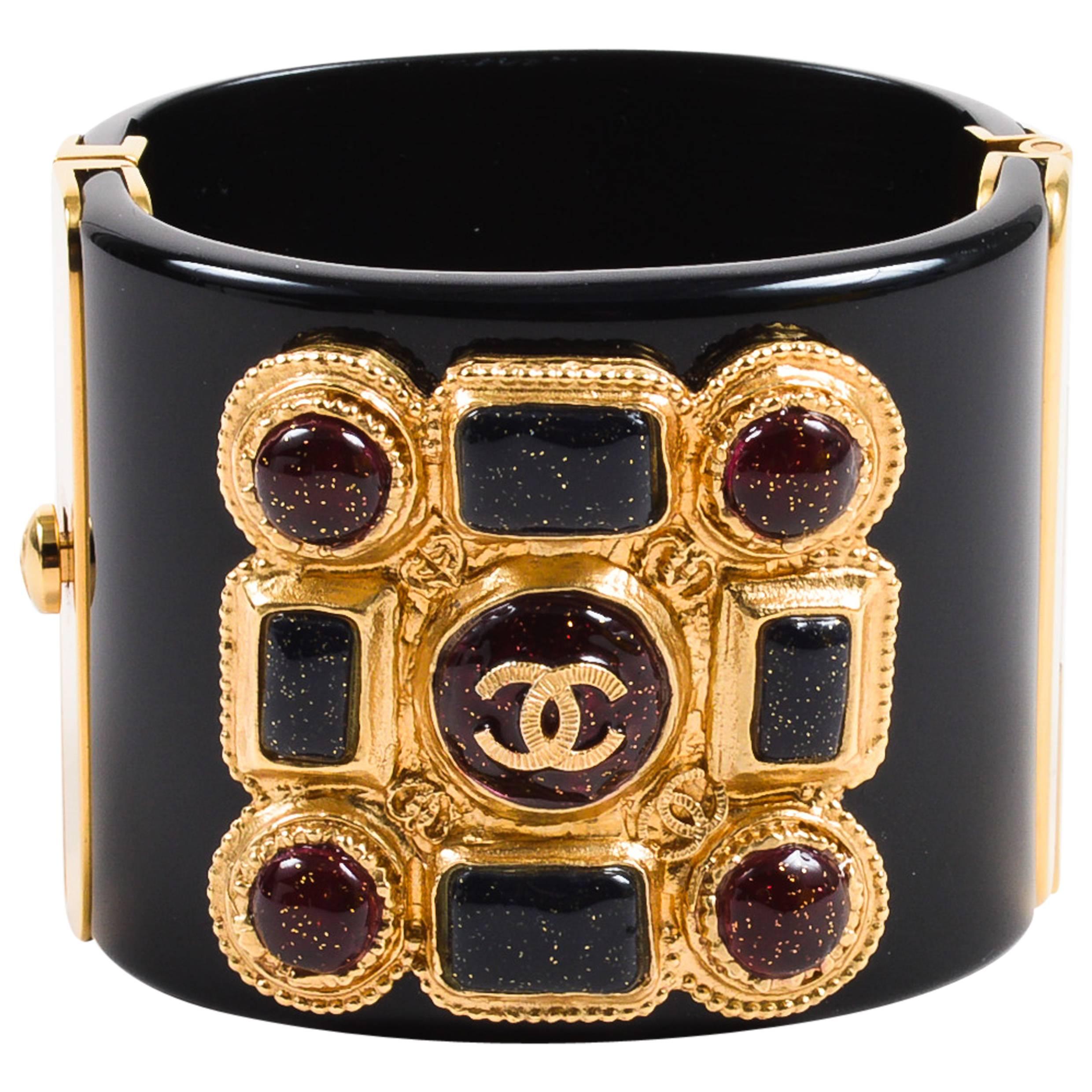 Chanel 11A Black Red Gold Tone Resin Gripoix Glitter Wide Bangle Cuff Bracelet For Sale