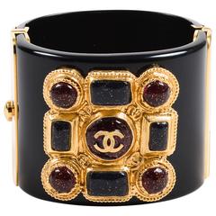 Chanel 11A Black Red Gold Tone Resin Gripoix Glitter Wide Bangle Cuff Bracelet