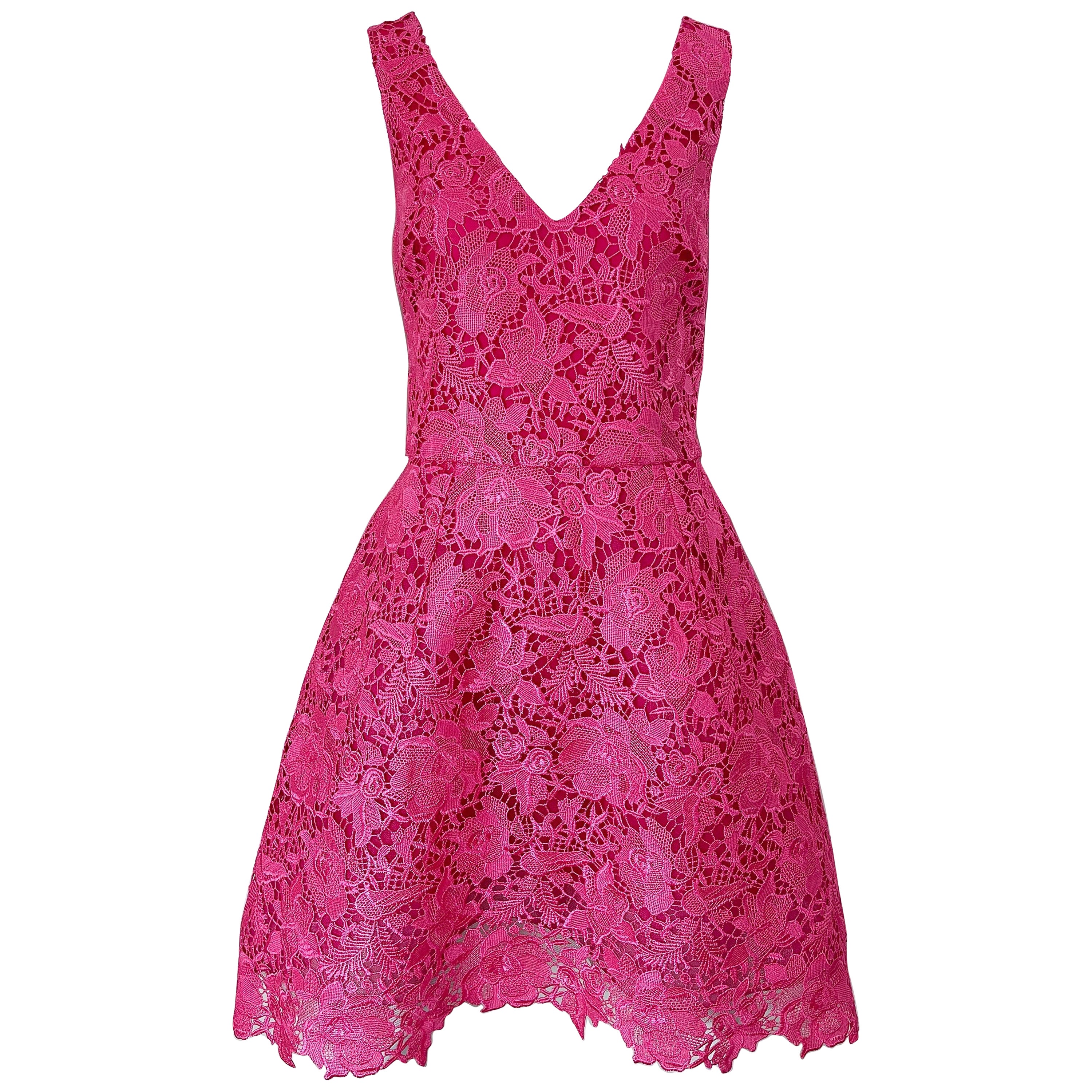 NWT Monique Lhuillier Size 8 / 10 Hot Pink Lace Fit n Flare A Line Dress For Sale