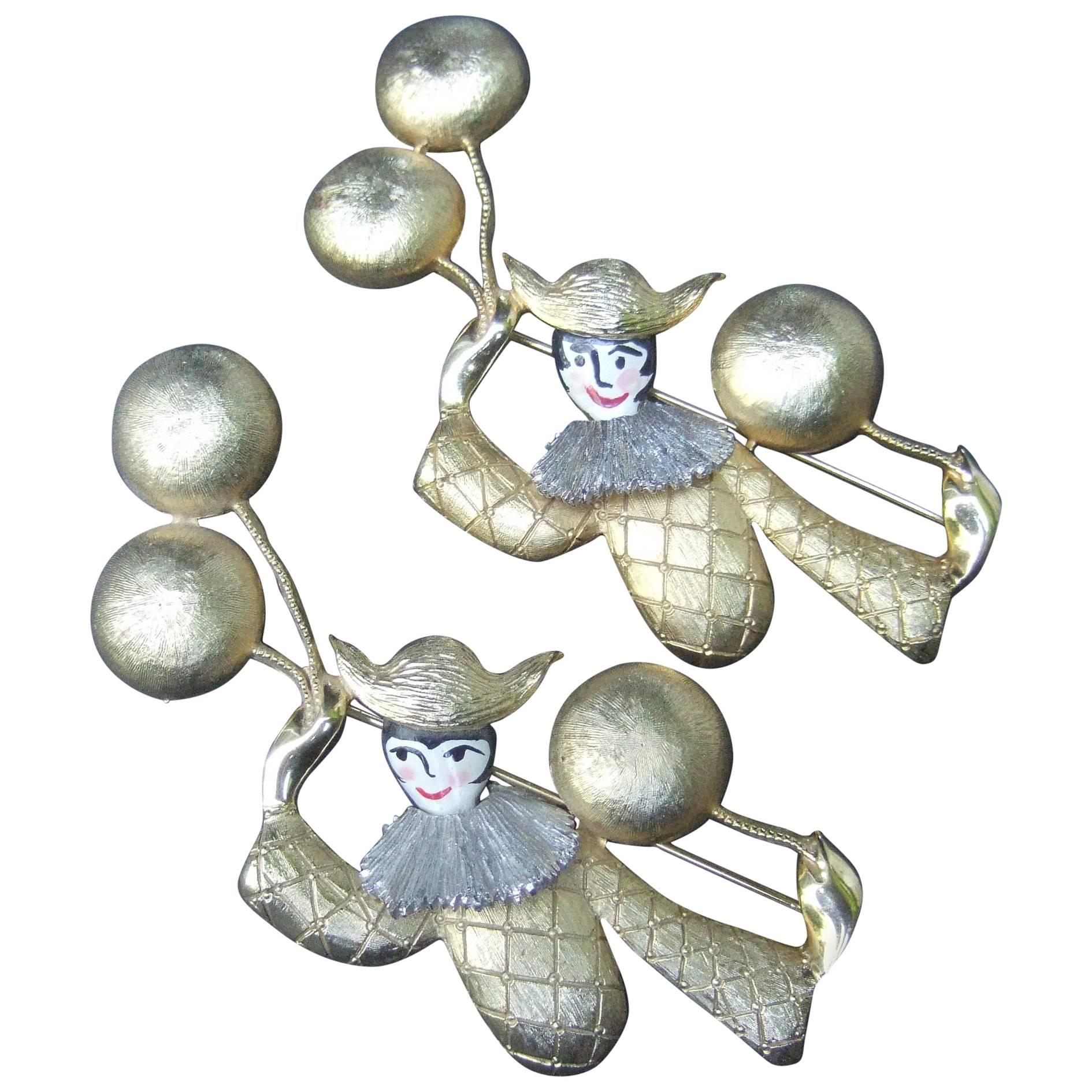 Unique Pair of Large Clown Brooches Designed by Polcini c 1970