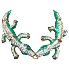 Exotic Green Crystal Articulated Enamel Alligator Necklace