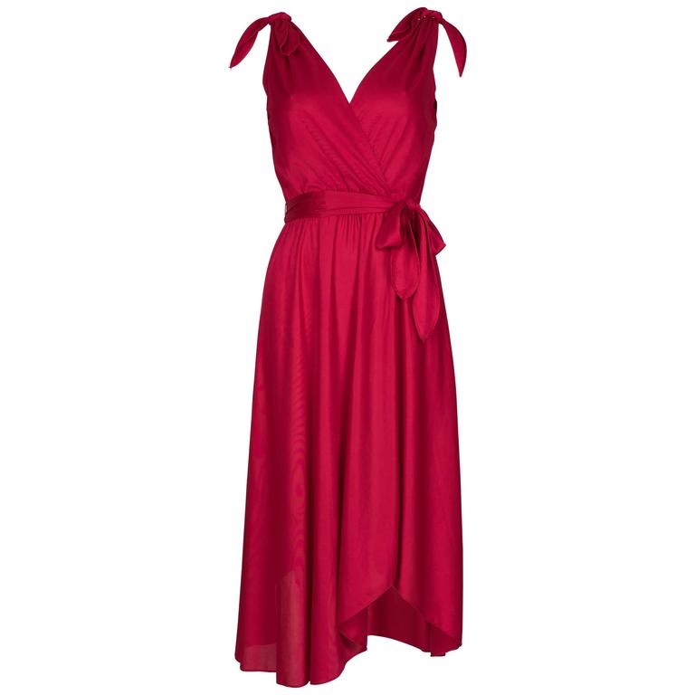 1970's Cherry Red Fluid Belted Disco Dress at 1stDibs