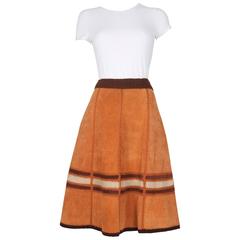 Vintage 1960's Caramel Suede and Crochet Stich Skirt