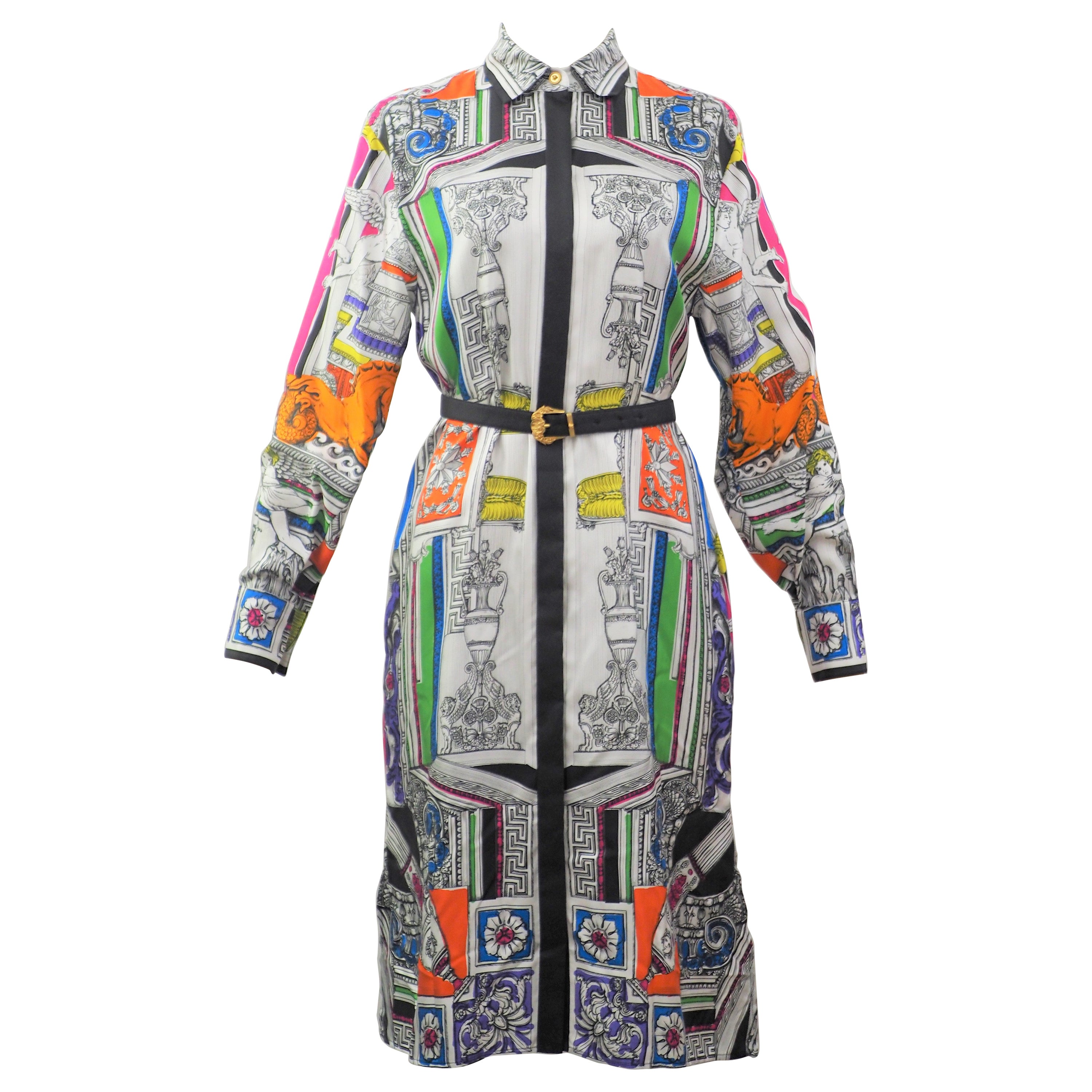 Versace multicoloured dress chemisier with belt NWOT For Sale