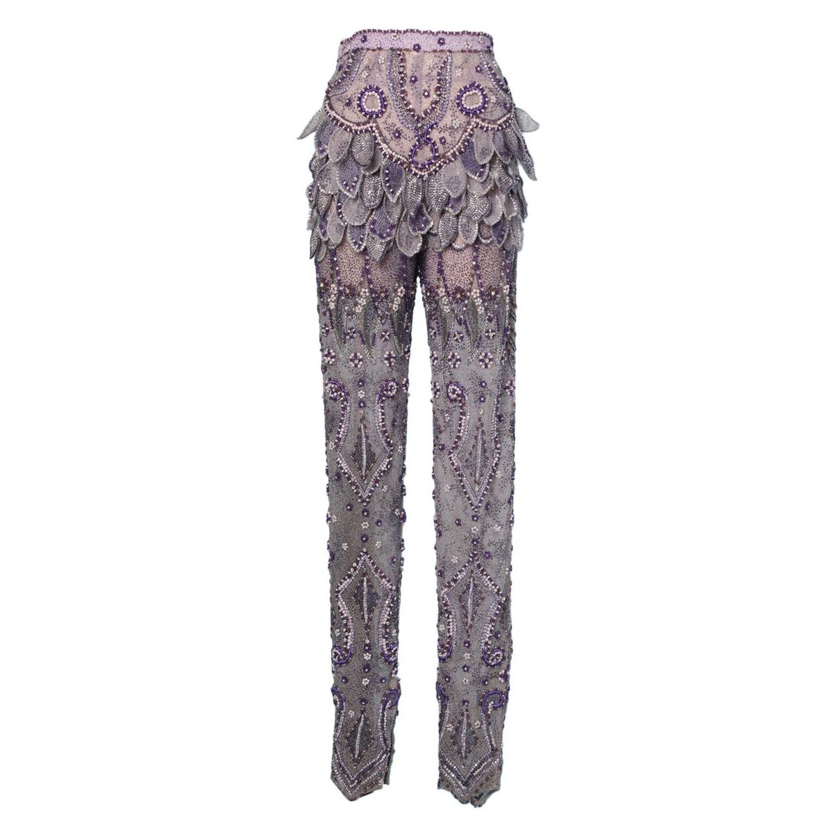 Pantalon en tulle violet entièrement perlé et orné de strass Atelier Versace en vente