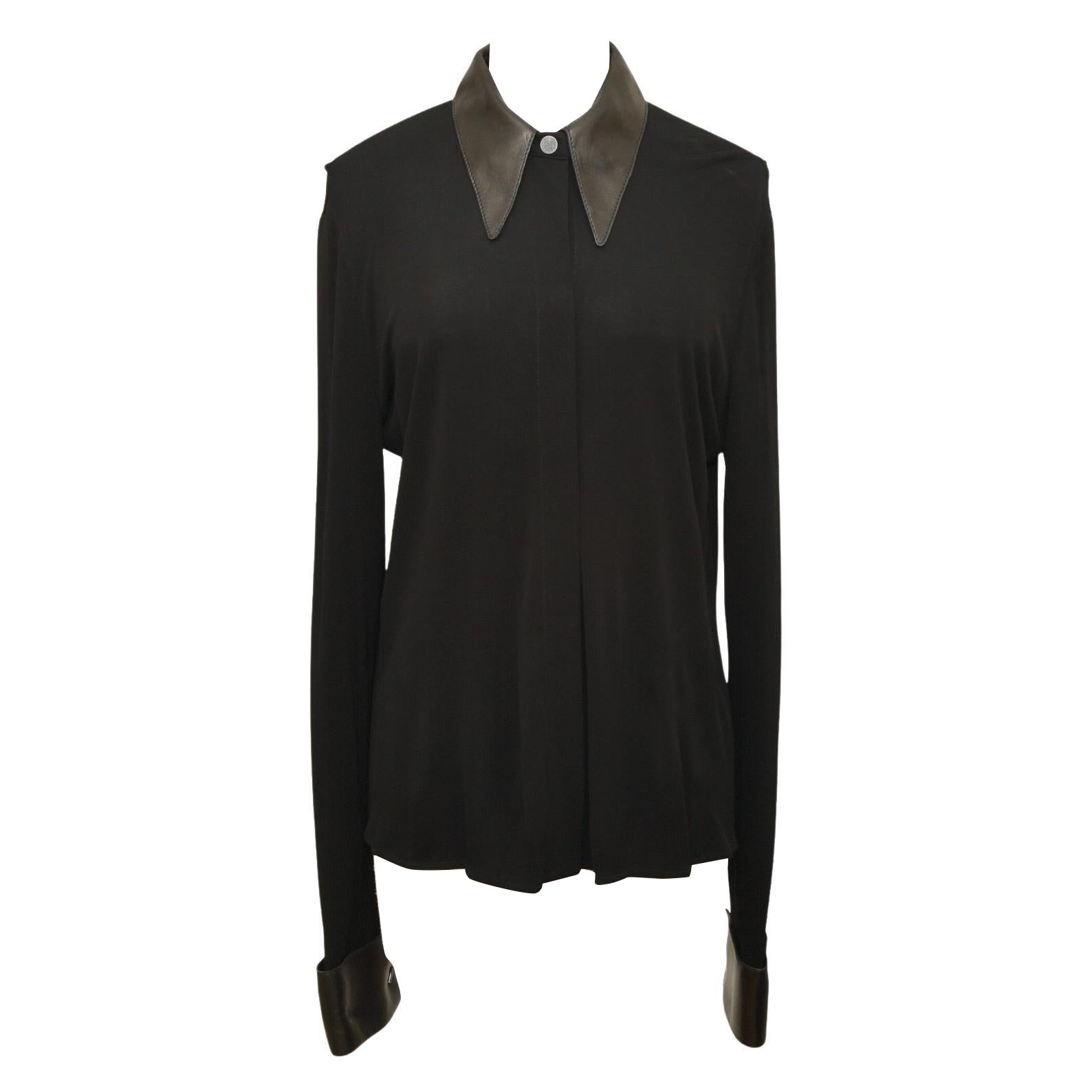HERMES Black Blouse Shirt Top Leather Viscose Palladium Buttons Sz 42 VINTAGE For Sale