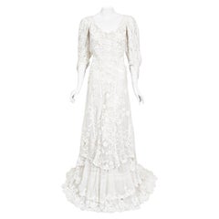 Antique 1908 Edwardian Couture White Irish Crochet Lace & Sheer Net Bridal Gown