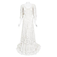 Robe de mariée de style édouardien ancien 1908 en dentelle crochetée irlandaise blanche et filet transparent