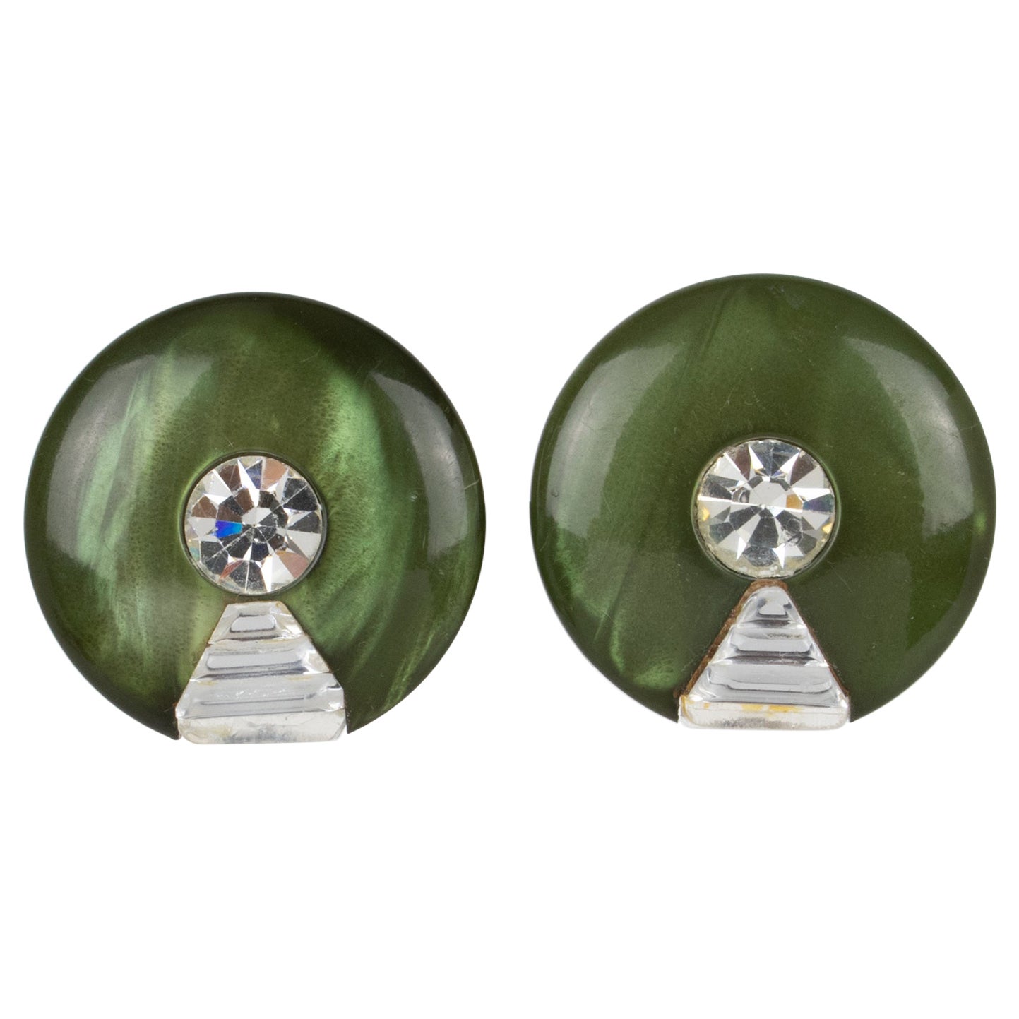 Pierre Cardin Paris Space Age Clip Earrings Green Lucite and Rhinestones For Sale