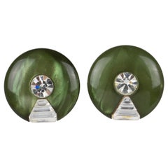 Retro Pierre Cardin Paris Space Age Clip Earrings Green Lucite and Rhinestones