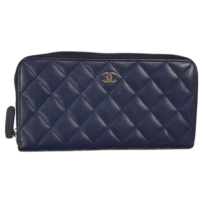 Chanel Navy Blue Quilted Lambskin Leather L Gusset Zip Wallet