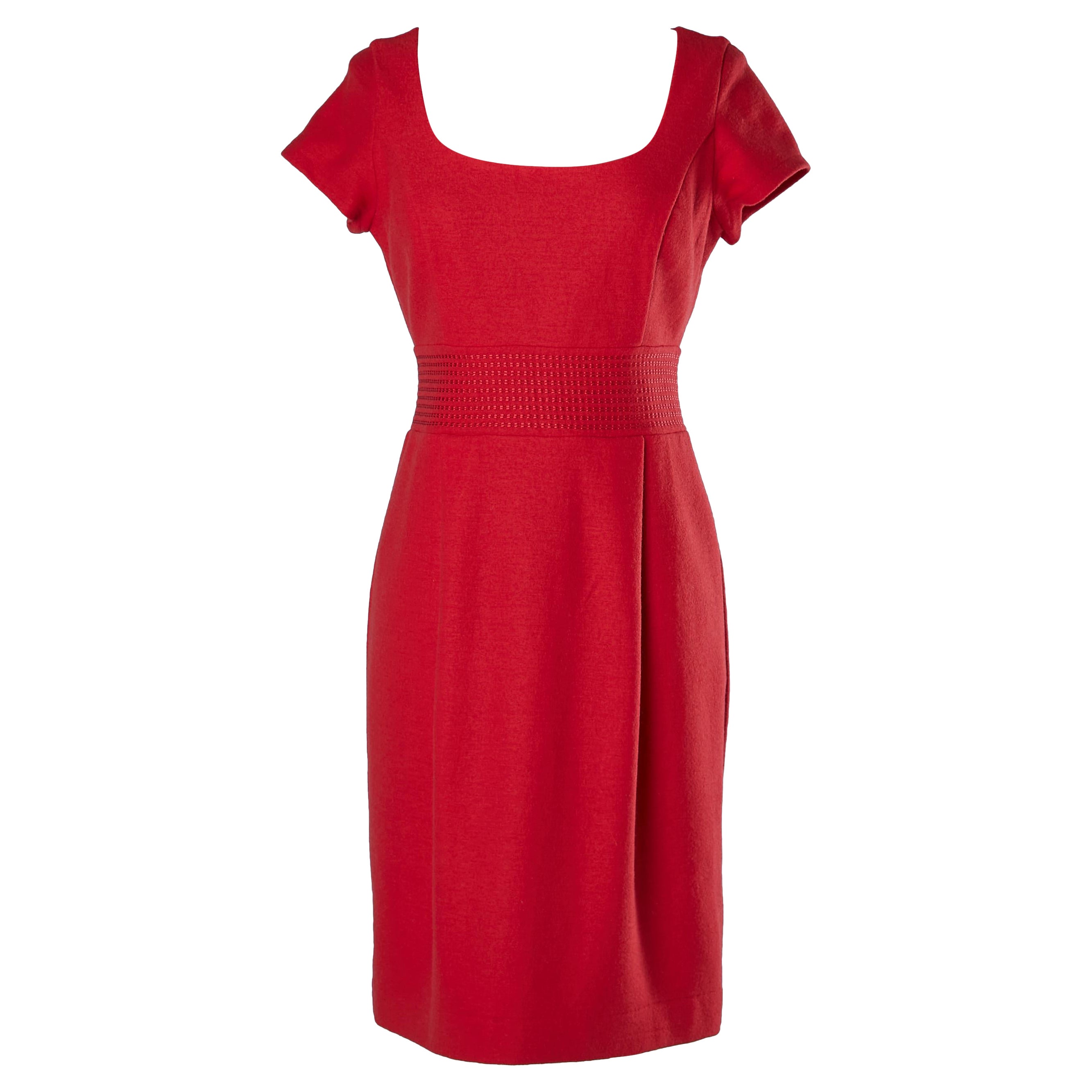 Robe à manches courtes en laine rouge - Christian Dior - Années 1980  en vente