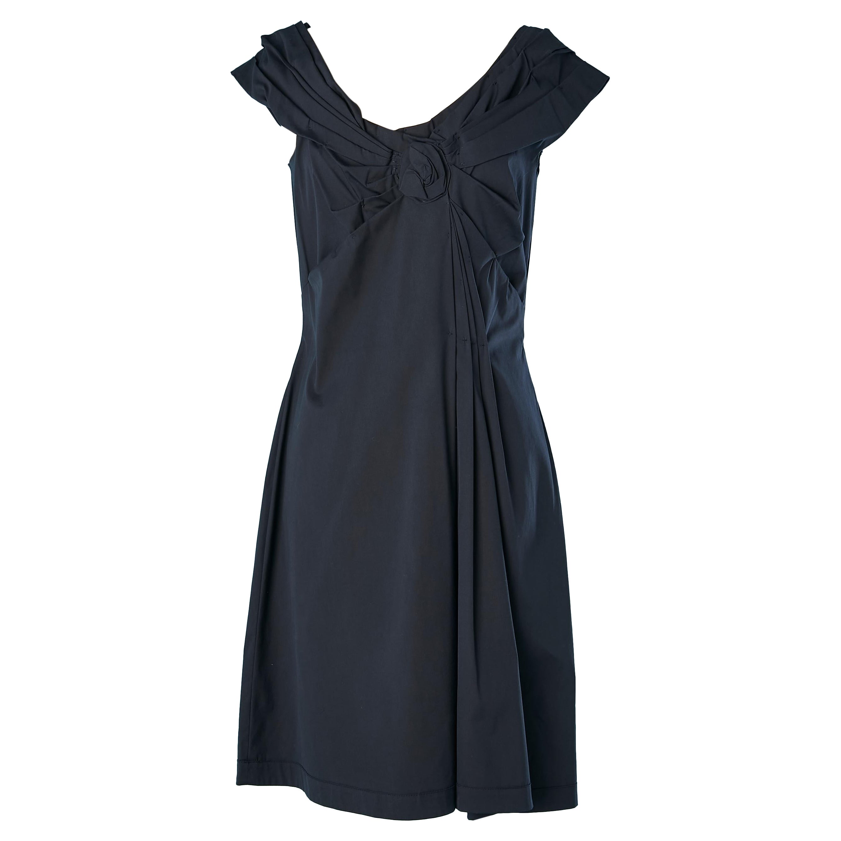 Navy blue cotton cocktail dress with a rose drape in the middle front Prada  For Sale