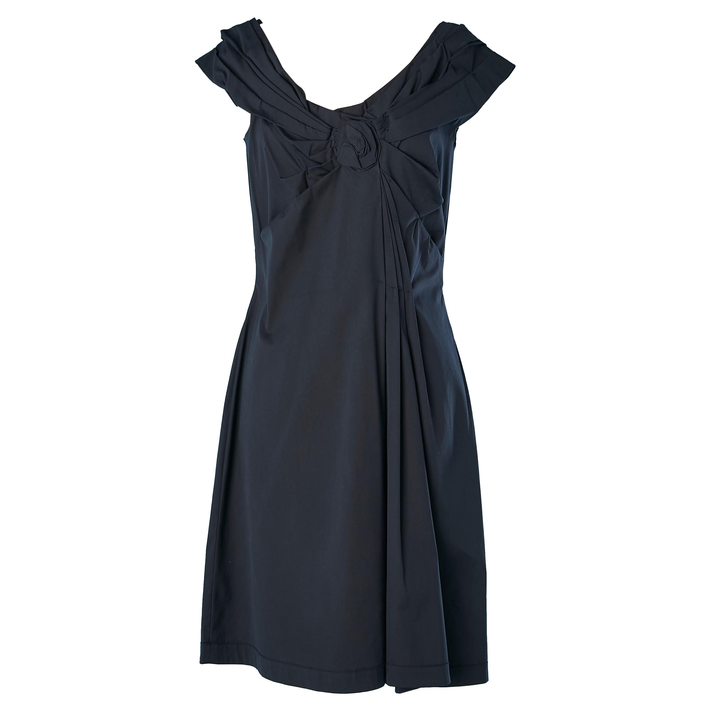 Navy blue cotton cocktail dress with a rose drape in the middle front Prada For Sale