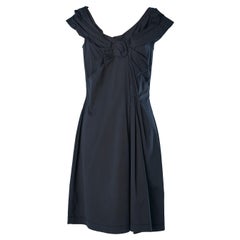 Navy blue cotton cocktail dress with a rose drape in the middle front Prada 