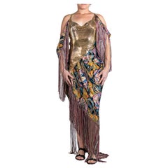 MORPHEW ATELIER Lila-schwarzes Kleid aus schräg geschnittener Seide mit Lamé und goldenem Metallnetz