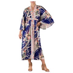 MORPHEW COLLECTION Indigo  & Pink Floral Baskets Japanese Kimono Silk Kaftan