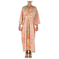 MORPHEW COLLECTION Peach & Mint Green Floral Japanese Kimono Silk Hand Painted 