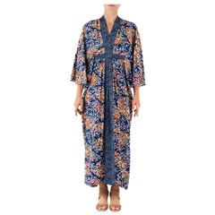 MORPHEW COLLECTION Blue & Orange Floral Nature Japanese Kimono Silk Kaftan