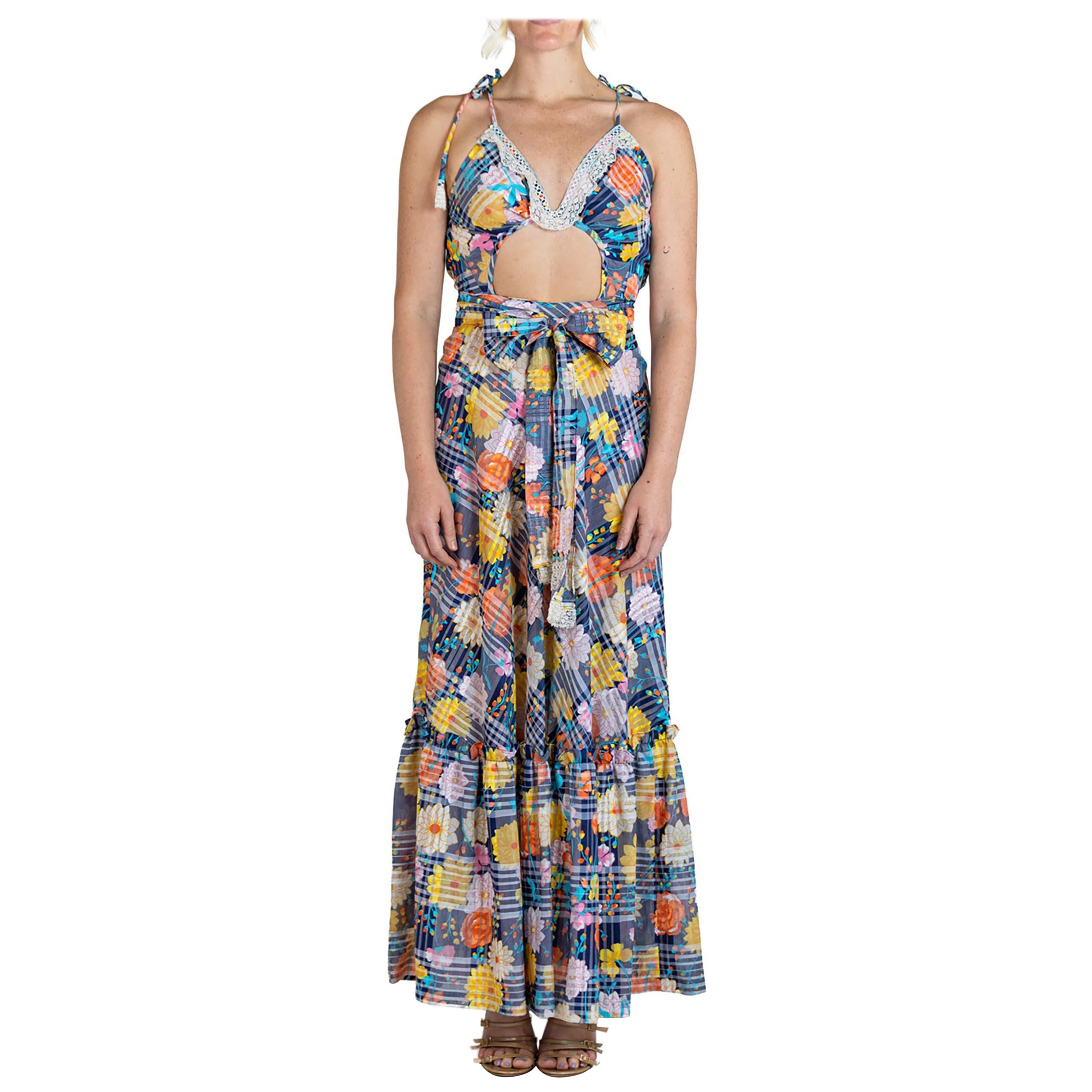 MORPHEW ATELIER Multicolor Blue Floral Backless Cut-Out Summer Dress For Sale