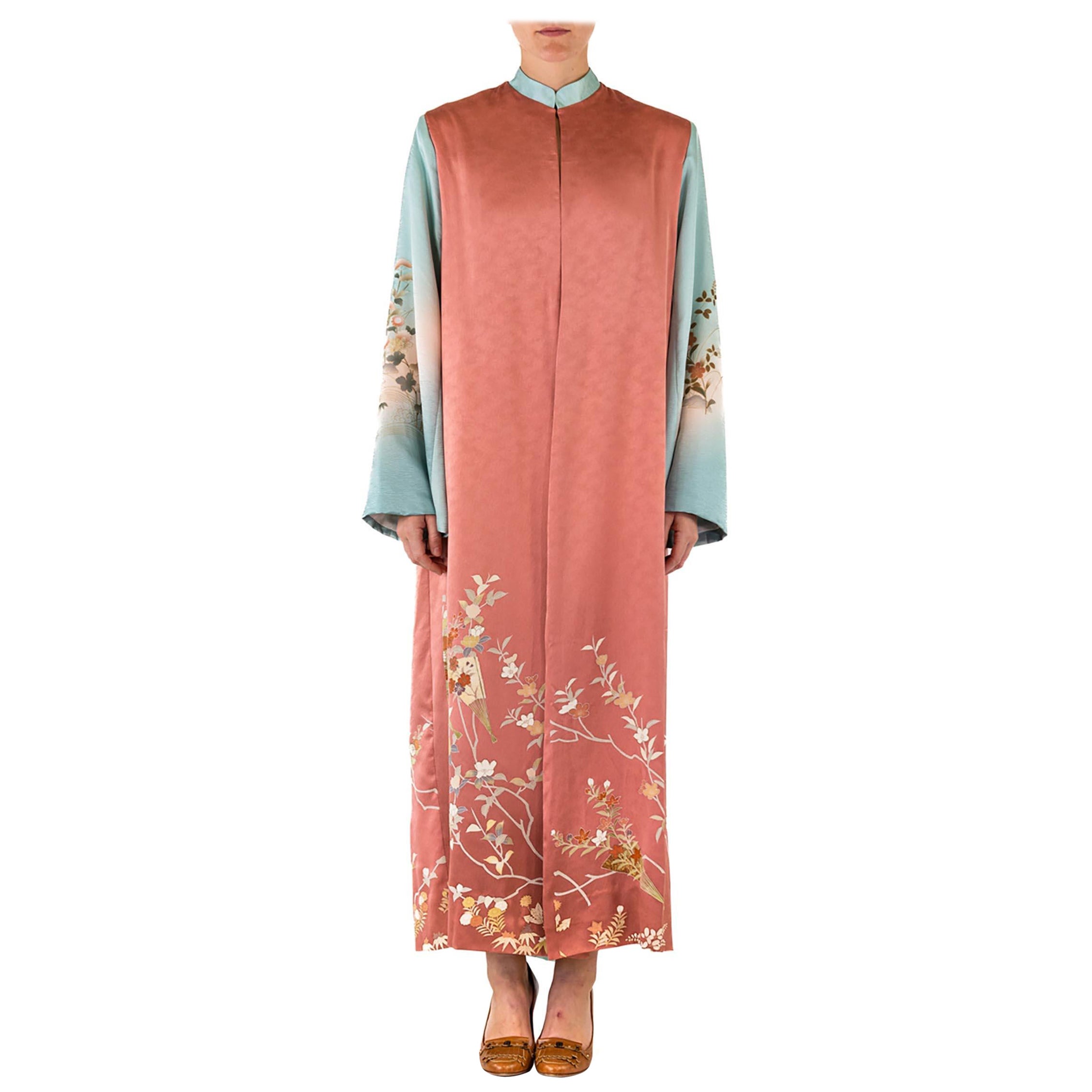 MORPHEW COLLECTION Dusty Pink Japanese Kimono Silk Baby Blue Sleeves Duster For Sale