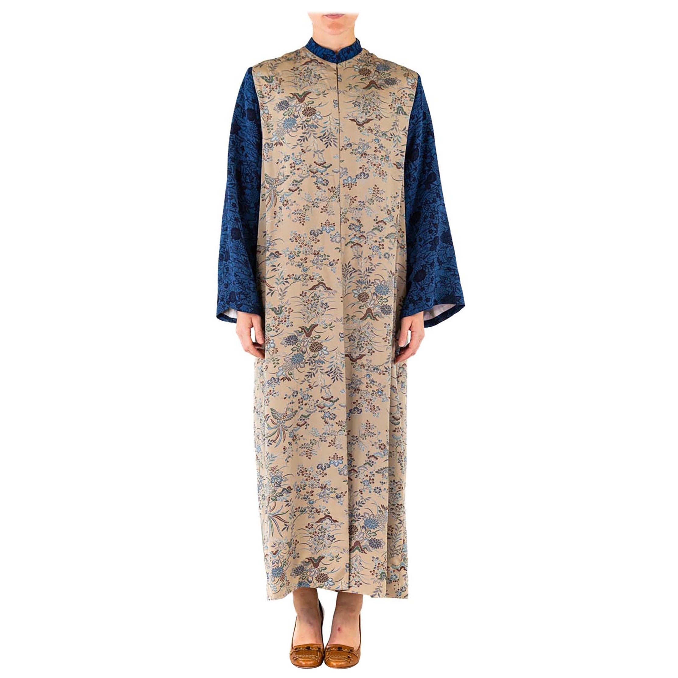 MORPHEW COLLECTION Ecru Japanese Kimono Silk Royal Blue Sleeves Duster For Sale