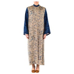 MORPHEW COLLECTION Ecru Japanese Kimono Silk Royal Blue Sleeves Duster