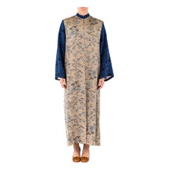 Morphew Collection Ecru Japanese Kimono Silk Royal Blue Sleeves Duster